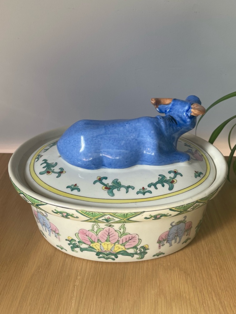 Rare Vintage Ceramic Blue Chinese Water Buffalo Ox Lidded Casserole Dish Tureen - Picture 5 of 14